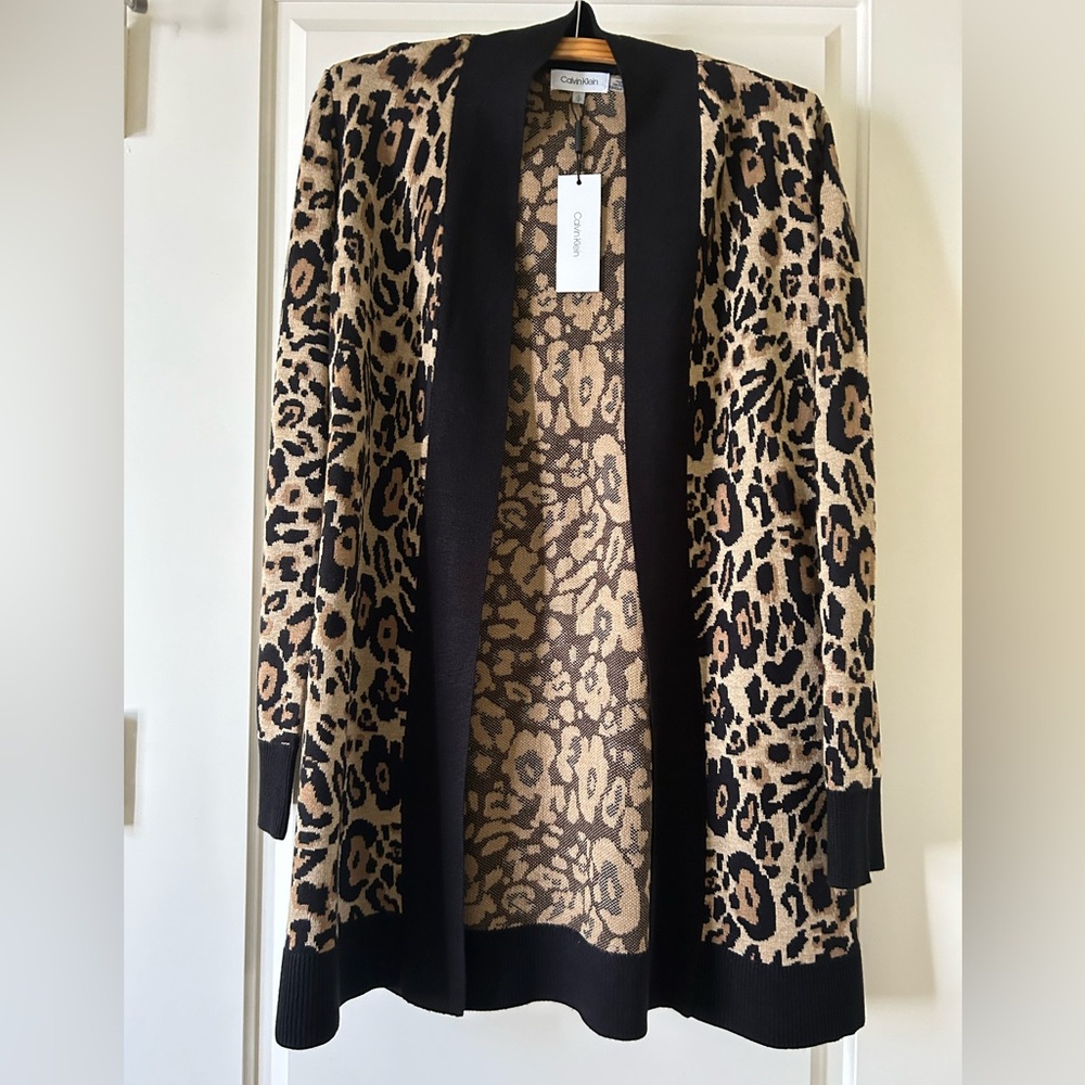 CALVIN KLEIN Leopard Print Cardigan Sweater, Open Front, Size S NWT